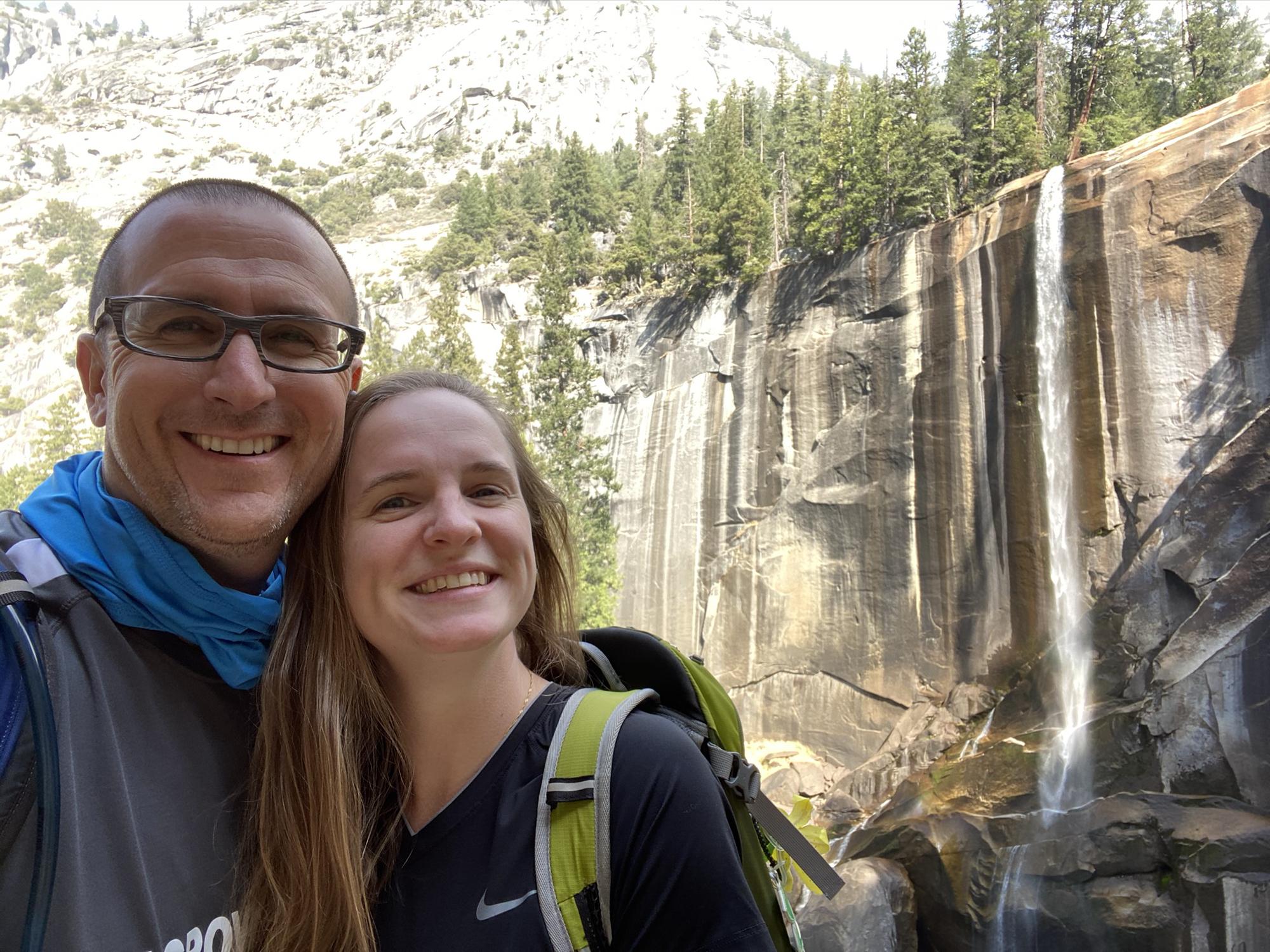 Vernal Fall along the Mist Trail (this was taken in early October -- a reasonable idea of how low the falls might be around wedding time)