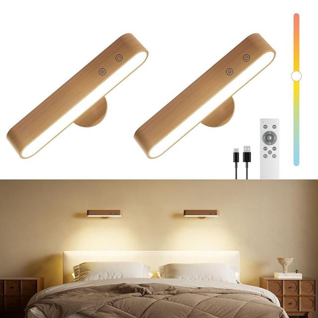 Rechargeable Walnut Wood Wall Sconces Set of Two LED Wall Lights for Bedroom,Touch and Remote Control,360° Rotate Magnetic Wall Light,3 Colors Dimmable Brightness Wall Lamps with 15 RGB Colors, 2 Pack