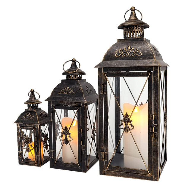 TRIROCKS Set of 3 Decorative Hanging Lantern 19'' High Vintage Metal Candle Holder with Tempered Glass Perfect for Living Room Garden Yard Patio Parties Events Indoors Outdoors (Black)