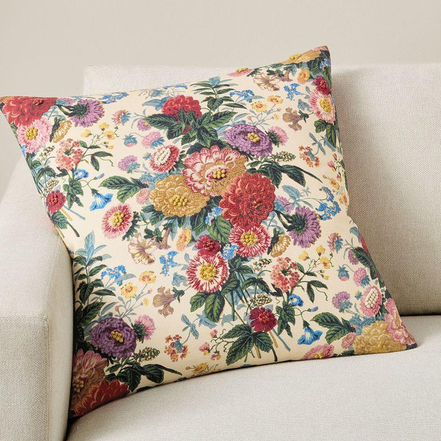 Lyla Floral Reversible Embroidered Pillow, 22 Inches, Ivory Multi