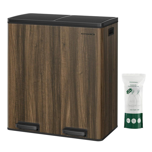 SONGMICS Trash Can, 2 x 8-Gallon Garbage Can for Kitchen, with 15 Trash Bags, 2 Compartments, Plastic Inner Buckets and Hinged Lids, Airtight, Dark Walnut ULTB060N02V1