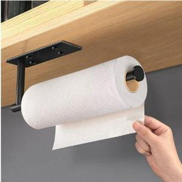 VAEHOLD Self Adhesive Paper Towel Holder Under Cabinet Mount, Wall Mounted Paper Towel Roll Holder with Damping Effect for Kitchen, Bathroom, Wall - SUS304 Stainless Steel (Matte Black)