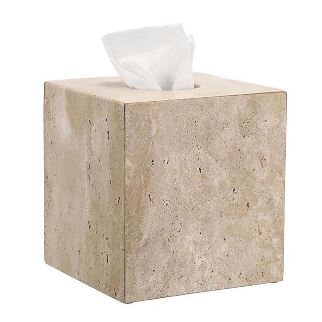 Sumnacon Square Tissue Box Cover Natural Travertine Tissue Cover with Pads, Heavy Duty Stone Tissue Box Holder,Gorgeous Tissue Holder for Toilet Bathroom Kitchen Bedroom Living Room Table,Light Beige