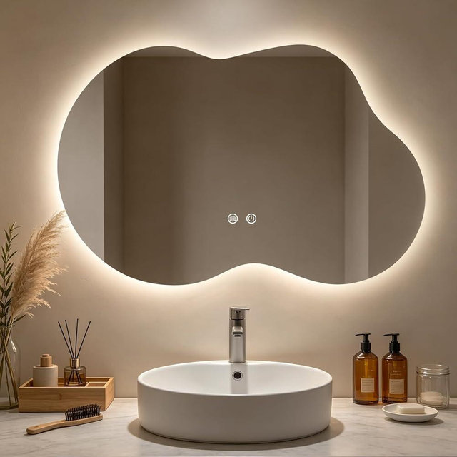 WallBeyond 46"x26" Asymmetrical LED Backlit Bathroom Mirror, Irregular Vanity Mirror with Lights for Modern Master Bathroom, Dimmable, Anti-Fog, Horizontal/Vertical Mount
