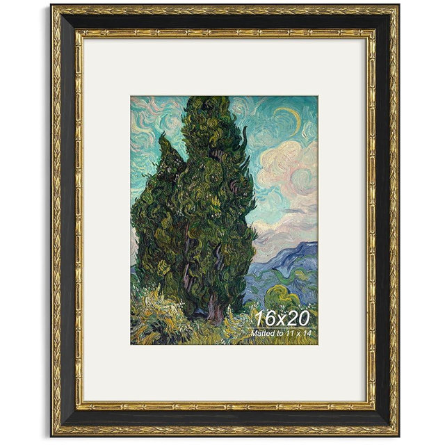 Yaetm 16x20 Vintage Picture Frame, Ornate Antique Gold 16x20 Frame for Wall, White Mat for 11x14 Photos, 1.5-inch Wide Molding - Portrait or Landscape - Wall Mount for Home (Black/Gold, Single)