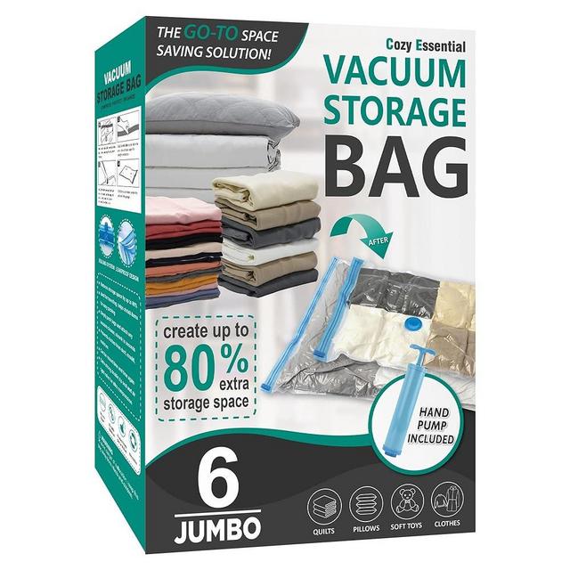 6 Jumbo Vacuum Storage Bags, Space Saver Bags Compression Storage Bags for Comforters and Blankets, Vacuum Sealer Bags for Clothes Storage, Hand Pump Included