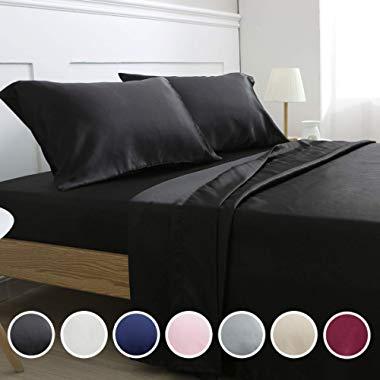 Vonty Satin Sheets Queen Black Silky Satin Sheet Set, Deep Pocket Fitted Sheet + Flat Sheet + Pillowcase Bedding Set 4pcs