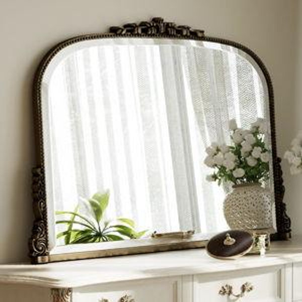 Wall Beaded Mirror, 36 x 27 Inch Round Top Right Angle Wall Mirror, Tempered Glass, Rust Resistant, Horizontally or Vertically Hanging, Bronze