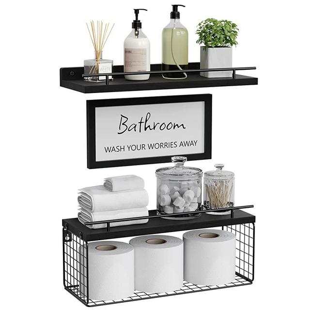 WOPITUES Floating Shelves with Bathroom Wall Décor Sign, Farmhouse Wood Bathroom Wall Shelves Over Toilet with Paper Storage Basket Set of 3, Rustic Floating Shelf with Guardrail–Black