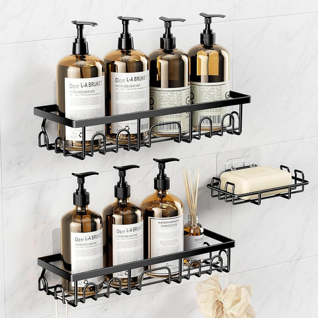 Deyhoc Shower Caddy, 3 Pack Shower Shelves, Rustproof Adhesive Bathroom Organizer with Soap Holder, No Drilling Washroom Organizers and Storage for Bathtub Room/Kitchen/Home, Matte black