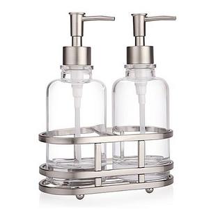ANAHEIM Glass & Metal 3-Piece Lotion Dispenser and Caddy Set in Brushed Nickel
