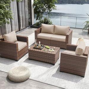 UDPATIO Outdoor Patio Furniture, 4 Pieces Outdoor Sectional Patio Set with Storage Coffee Table and Khaki Cushions, Patio Loveseats Balcony Furniture for Small Space