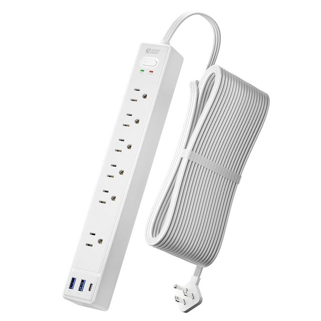 20Ft Long Extension Cord, SUPERDANNY Flat Plug Surge Protector Power Strip 20 Feet, 6 Outlets & 3 USB Ports, Wall Mountable Power Bar for Home Office, Dorm Room