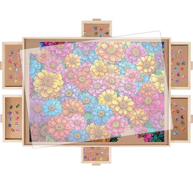 DIKASHI 1500 Pieces Rotating Puzzle Board with 6 Drawers, Lazy Susan & Transparent Cover, 34.2"x25.2" Portable Wooden Jigsaw Puzzle Board, Great Gift for Puzzle Enthusiasts
