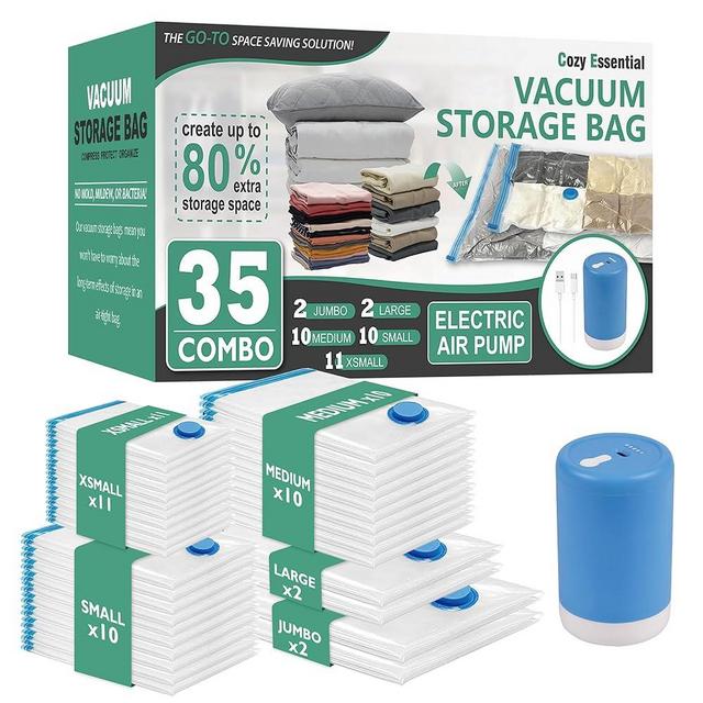 Cozy Essential 35 Pack Vacuum Storage Bags with Electric Pump, Vacuum Seal Space Saver Bags for Clothing, Pillows, Blanket, Bedding, Comforters