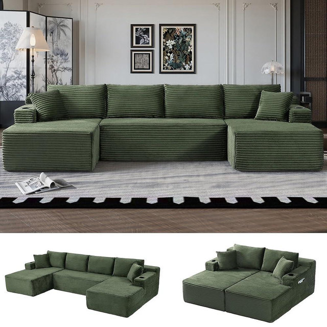 Oversized Cloud Boneless Couch with Chaise, Modern Modular Sofa with Deep Seat, Corduroy Upholstered U Shaped Couch for Living Room, No Assembly Required (Green)