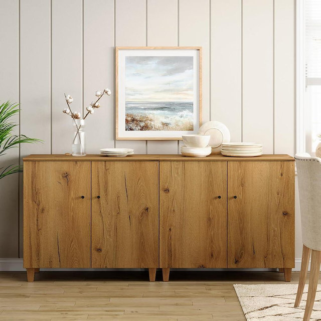 WAMPAT Sideboards Buffet Cabinets, 70.8" Wide Wooden Credenza Storage Cabinets with 4 Doors, Set of 2 Modern Kitchen Accent Cabinets with 6 Compartments for Living Room, Hallway, Oak Brown
