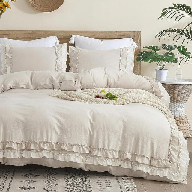 Bedorm Beige Ruffled Comforter Set King Boho Bedding Set Cream White Fringe Ruffle Romantic Bedroom Decor Shabby Chic Farmhouse Bedding Comforter
