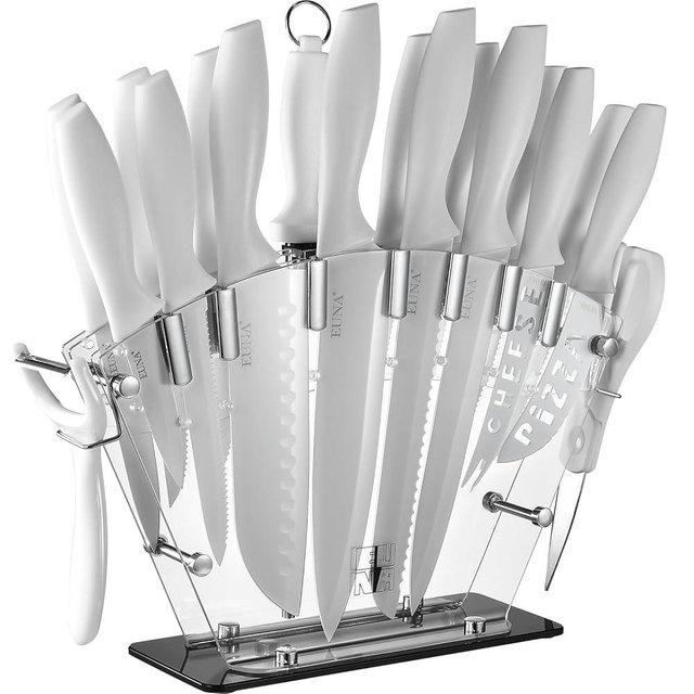 EUNA Knife Block Set, 19 PCS White Kitchen Knife Set with Acrylic Block and Sharpener, German High-Carbon Stainless Steel Knife Sets with 6 Serrated Steak Knives, Chef Knife, Dishwasher Safe