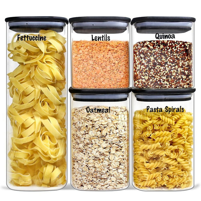 Urban Green Glass Jars with Black Lids, Glass food storage sets with airtight black lids, Glass Canisters Sets with Bamboo Lids (5 Sets of 27oz, 38oz, 66oz)