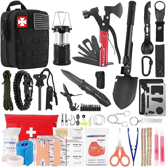 Survival Kit and First Aid kit, 160Pcs Emergency Supplies Camping Accessories with Upgraded Molle Bag, Including Hatchet Shovel Pliers Lantern, Gifts for Men Outdoor Adventure Camping Hiking Hunting