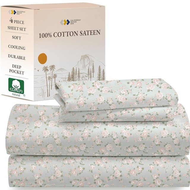California Design Den Printed Pattern Rose Queen Sheet Set, 100% Cotton Sateen Deep Pocket Queen Sheets & Pillowcase Set - Vintage Rose