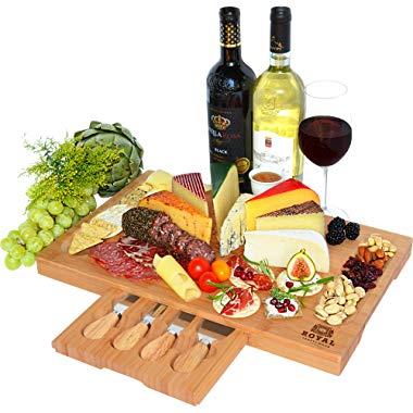 Unique Bamboo Cheese Board, Charcuterie Platter & Serving Tray Including 4 Stainless Steel Knife & Thick Wooden Server - Fancy House Warming Gift & Perfect Choice for Gourmets (Bamboo)