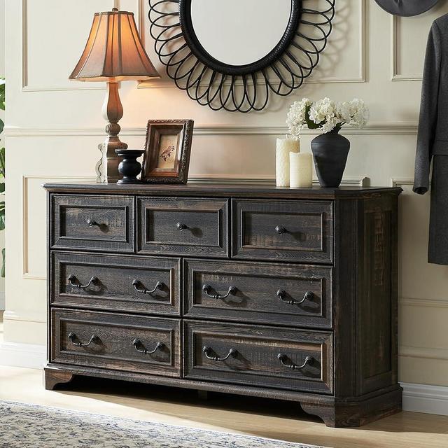 T4TREAM Farmhouse 7 Drawers Dresser Chests for Bedroom, Wood Rustic Tall Chest of Drawers, Dressers Organizer for Bedroom, Living Room, Hallway, Dark Rustic Oak