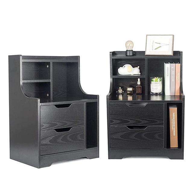 YOURLITE Wood End Table Set of 2 with Storage Shelf 2 Drawers Nightstand Side Table Cabinet Bedside Furniture for Bedroom, Living Room, Home (Black