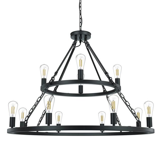 Vonfame Round Large Wagon Wheel Chandelier 12-Light, Rustic Farmhouse Industrial Chandelier Light Fixtures for Kitchen Island Dining Room Living Room Foyer Entryway, Black Finish