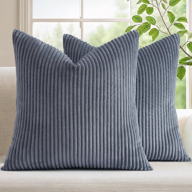 Mecatny Corduroy Summer Decorative Throw Pillow Covers 22x22 Set of 2 for Sofa Living Room, Soft Neutral Boho Couch Pillow Covers for Home Decor, Blue Grey