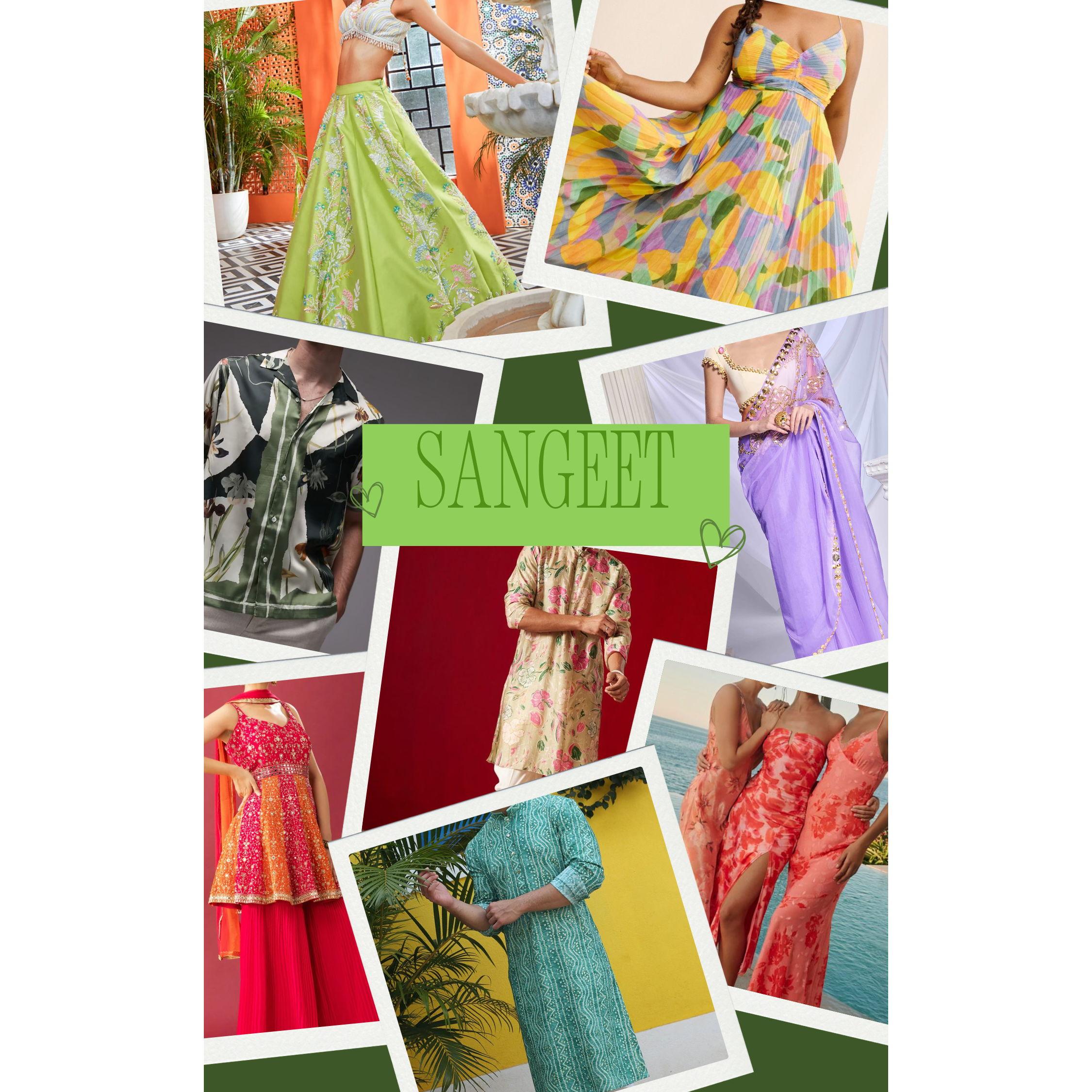 Semi-formal Indian or Indo-western attire. The theme is Tropical Glam so bright colors and florals are encouraged. Try to avoid wearing all black. This event is in a garden near the beach, so maybe rethink stilettos.