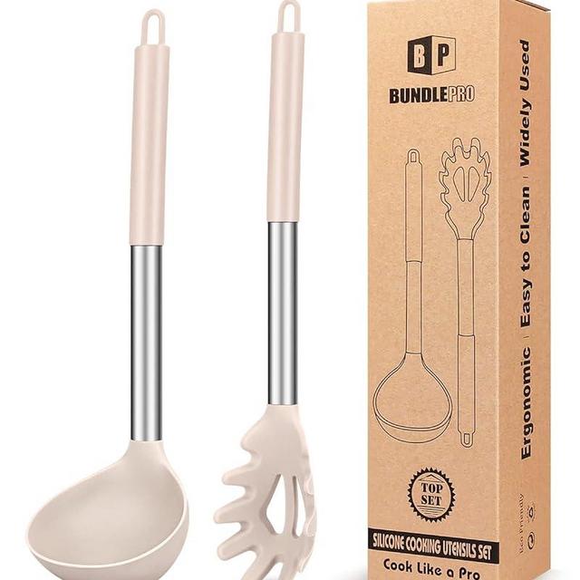 Silicone Pasta Fork and Ladle Spoon Set, Large Non Stick Kitchen Utensils for Cooking,Stirring,Serving Spaghetti, Soup, Sauce