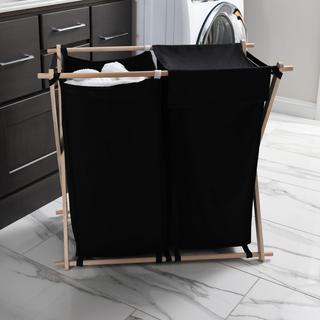 X-Frame Wood Double Laundry Hamper Sorter with Bag