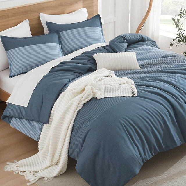Litanika Full Size Comforter Set - 3 Pieces Lightweight Colorblock Stripes Bedding Set, Fluffy Down Alternative Bed Set, Haze Blue