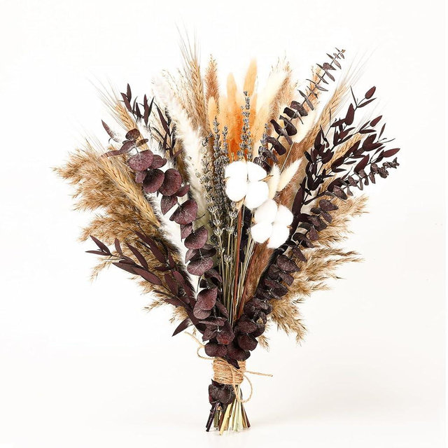 Burgundy Dried Flower Bouquet – Pampas Grass,Cotton Stems,Bunny Tails Grass,Eucalyptus,Lavender and Wheat for Boho Home Decor – Rustic Flowers for Gothic Home, Bedroom, and Wedding Table Décor