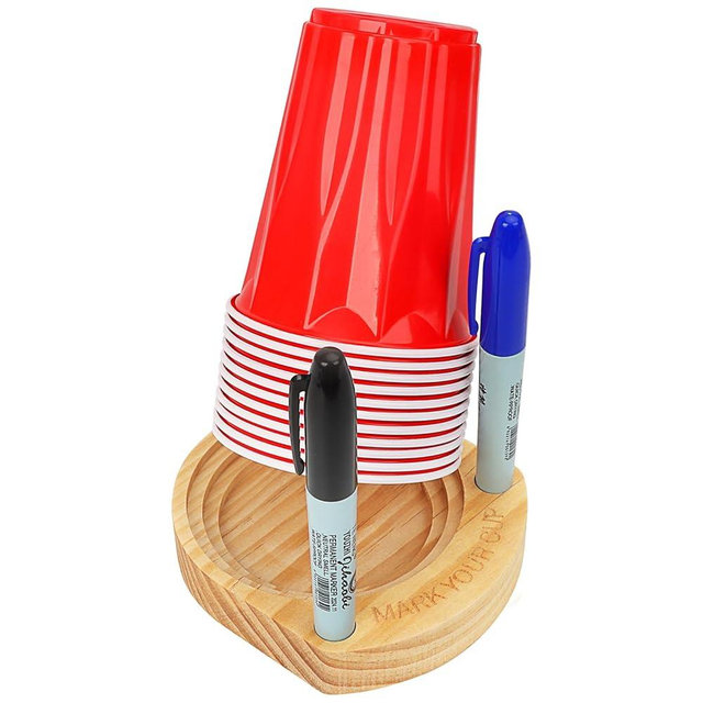 Hosting Essentials: Drink & Cup Holder with Marker Slot - Prevent Mix-Ups at Parties, BBQs, Weddings, Cookouts & Birthdays - Wooden Organizer Fits Universal Disposable Cup Sizes