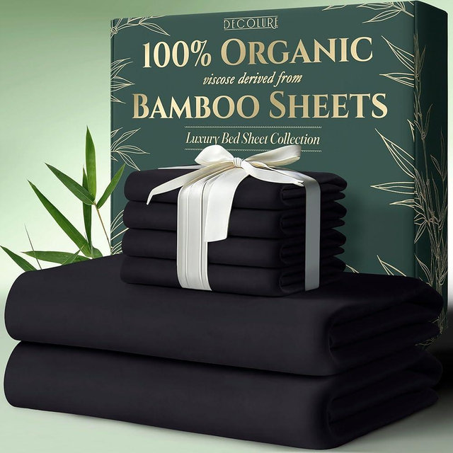 DECOLURE 100% Organic Viscose Derived from Bamboo Sheets Queen Size 6pcs - Ultra Soft & Luxuriously Cooling, 17" Deep Pocket, Double Stitching, Perfect for Hot Sleepers - Queen Bed Sheets (Charcoal)