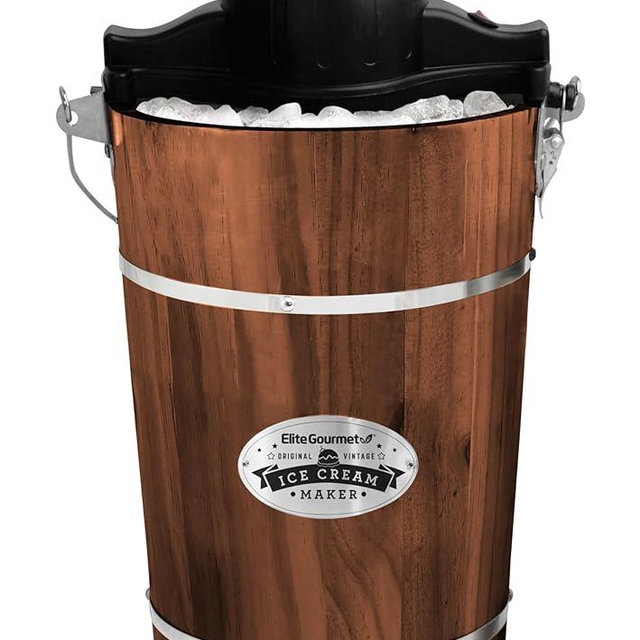 Elite Gourmet EIM949 Old Fashioned 6 Quart Vintage Walnut Wood Bucket, Electric Ice Cream Maker Machine Appalachian, Uses Ice and Rock Salt