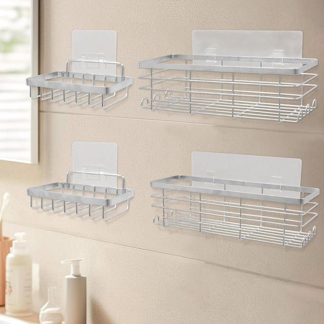 Pastlla 4pcs Shower Caddy Bathroom Organizers and Storage, No Drilling-Shower Removable Shelves Rack Rustproof Shelves for Soap & Toothbrush Holder, Bathroom Caddy for Kitchen Home Decor, Silver
