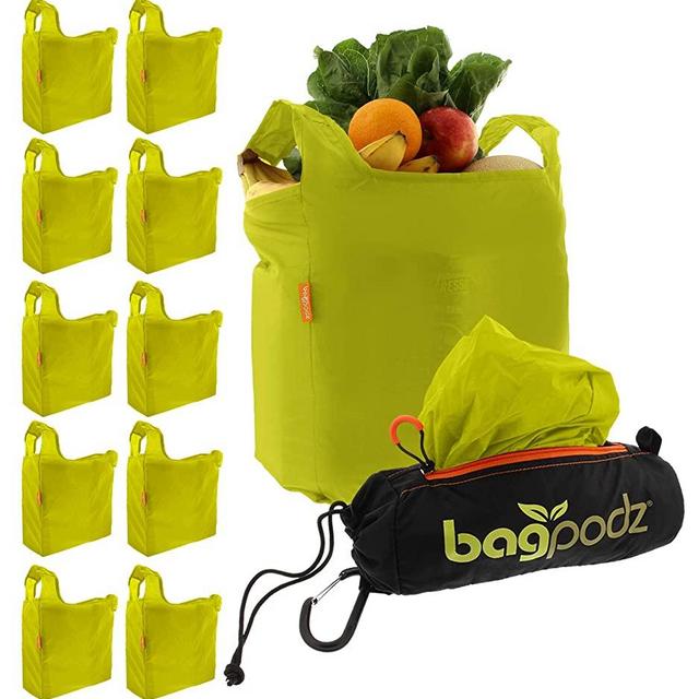 BagPodz Reusable Shopping Bags Inside a Compact Pod with Carry Clip RipStop Nylon Holds 50lbs Very Sturdy, 10 Pack in Green