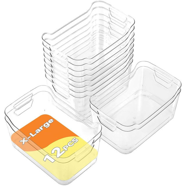 AntStep Clear Plastic Storage Bins - 12 Pack Pantry Organizers and Storage, Clear Pantry Organizer Bins, X-Large Plastic Containers with Handle for Kitchen,Freezer,Cabinet,Closet,Bathroom Under Sink