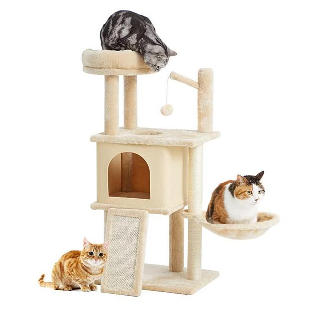 TSCOMON 36.6" Multi-Level Cat Tree Cat Tower for Indoor Cats, Plush Perch with Cat Condos and Scratching Posts with Hammock Basket and Hanging Ball, Beige