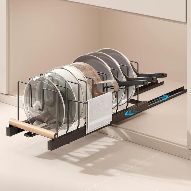 Magheo Pull Out Pots and Pans Organizer Under Cabinet, 22" Deep Expandable Pot Lid Organizer and Storage with 10 Adjustable Dividers Adhesive Pot and Pan Holder Rack with Handle Bracket(1 Pack,Black)