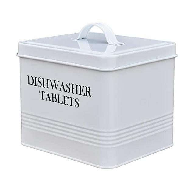 Metal Dishwasher Detergent Pods Containers -White Dish Washer Tablets with Lid for Kitchen Decor and Accessories