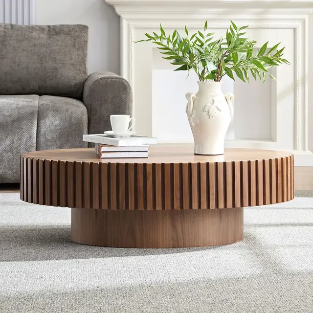 Oval Coffee Table Minimalist Fluted Center Table Accent Table, Walnut-ModernLuxe