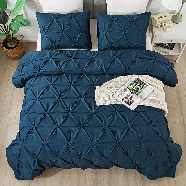 Andency Navy Blue Pinch Pleated Comforter Queen(90x90Inch), 3 Pieces(1 Pintuck Comforter and 2 Pillowcases) Pintuck Microfiber Down Alternative Comforter Bedding Set