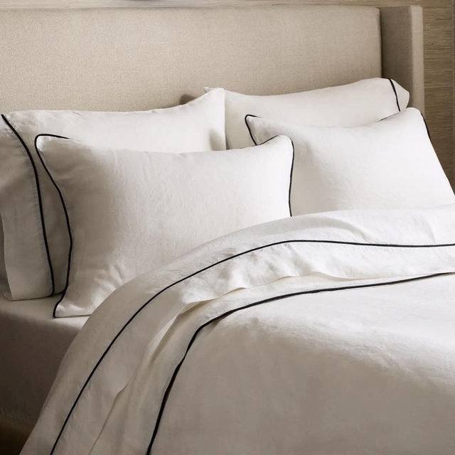 European Linen Piped Duvet Cover Set - White/Black, King/Cal King