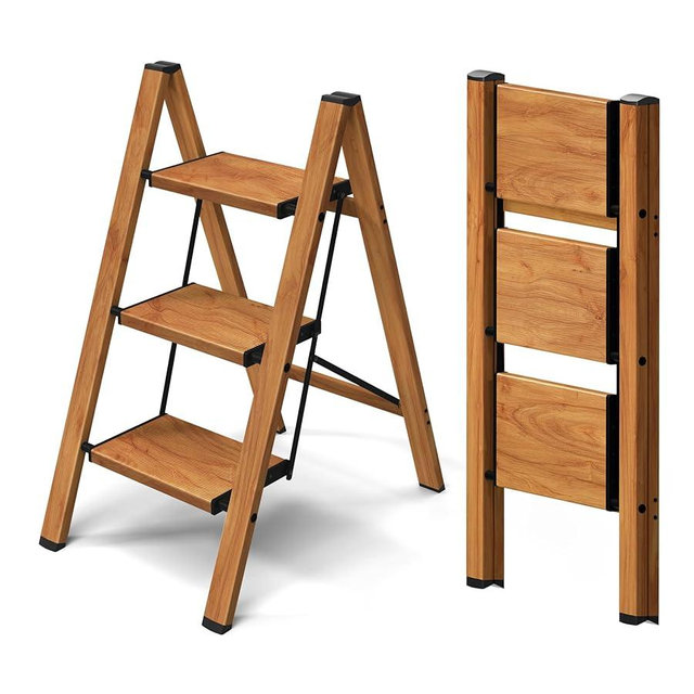 Taranta 3 Step Ladder,Aluminum Lightweight Folding 3 Step Stool with Anti-Slip Wide Pedal, 330lbs Capacity Step Ladder for Household,Kitchen,Office - Woodgrain