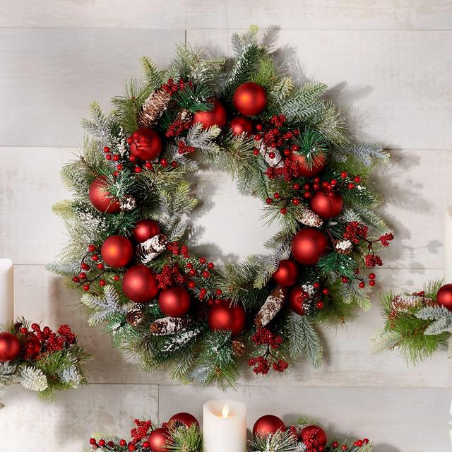 24" Frosted Pine and Ornament Wreath by Valerie